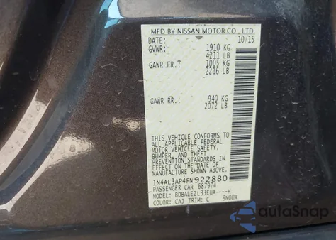 2015 Nissan Altima 2.5 S from USA, damaged, VIN 1N4AL3AP4FN922880